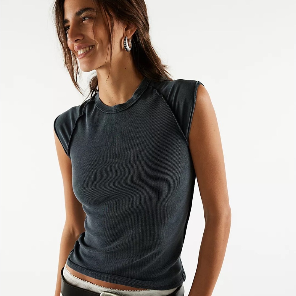 Free People Washed Black Ribbed Cap-Sleeve Tank - Picture 2 of 3